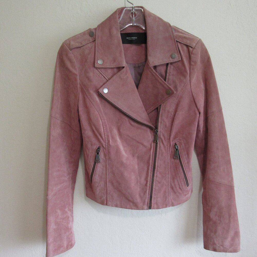 VERO MODA Mauve Short Suede Biker Jacket S Zip Closure Long Sleeve Leather